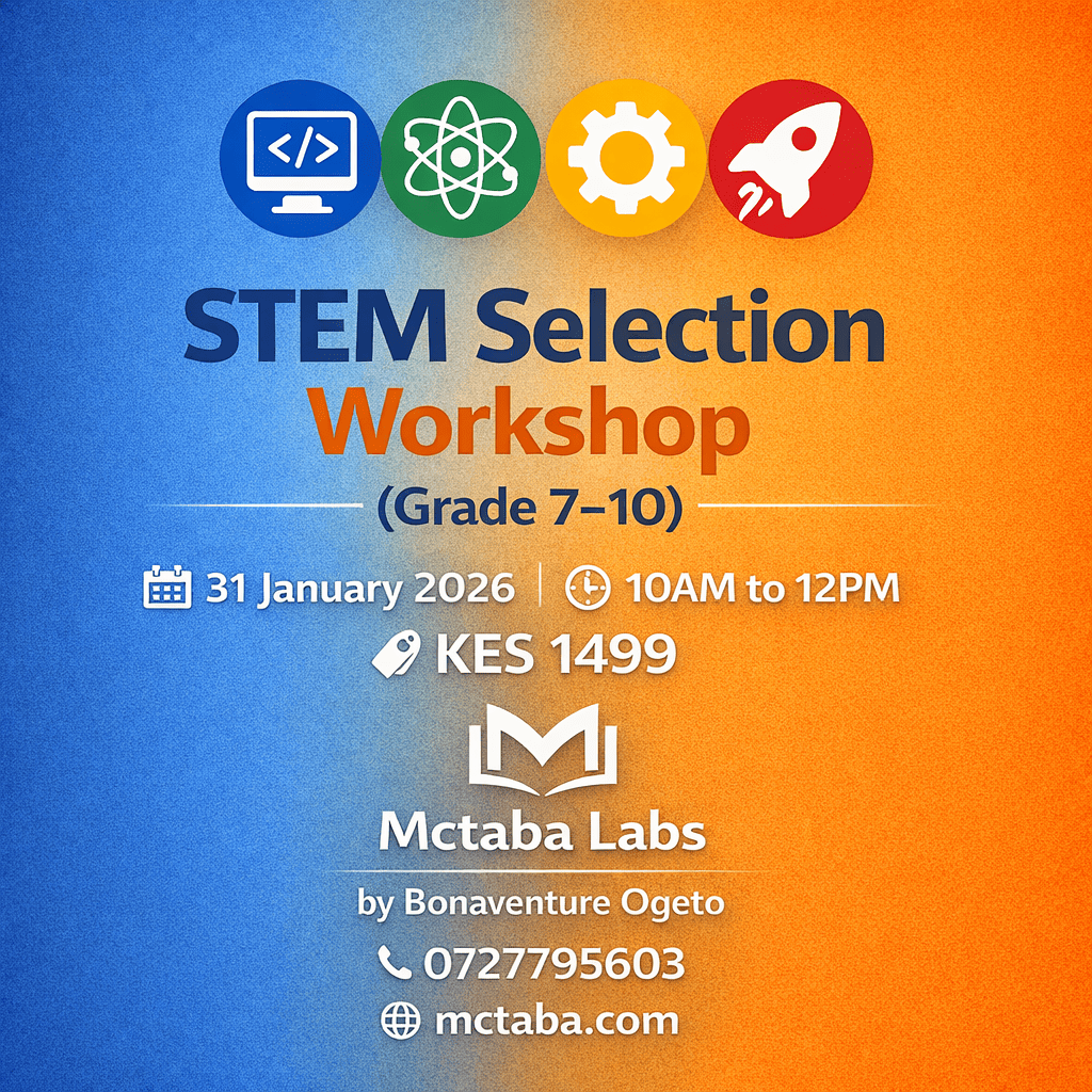 McTaba Labs STEM Selection Workshop flyer — pathway guidance for Grades 7–10